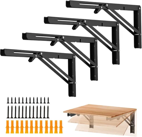 Miniatura 10 de Ravinte - Paquete de 2 soportes plegables de 20 pulgadas para estantes - Negro mate, soportes plegables resistentes para mesas y bancos - Diseño que