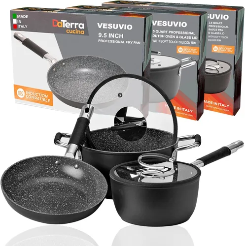 DaTerra Cucina Paquete de pasta pequeña antiadherente, cacerola de 2.6 cuartos de galón con tapa, sartén de 9.5 pulgadas, horno holandés de 5
