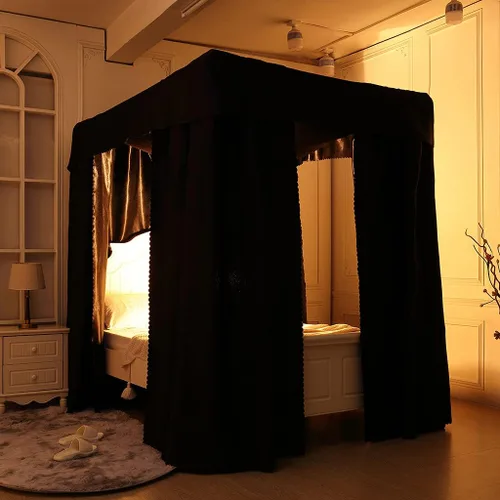 Miniatura 25 de Obokidly Elegante cortina opaca de estrella negra con borde de bola blanca de 4 postes en las esquinas, decoración de dormitorio para adultos