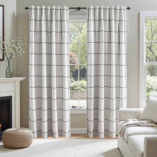 Miniatura 8 de MYSKY HOME Cortinas de Lino a Cuadros 100% Opacas de 45 Pulgadas de Largo de Doble Capa Estilo Granja con Aislamiento Térmico Estampado a Cuadros