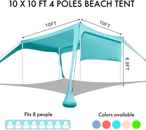 Miniatura 3 de Beach Canopy Tent Shade with Sidewalls 10x10FT, 6.6FT Tall, UPF50+ Sun Shelter, Windproof & Water Resistant, Includes Guylines Sand Shovel Stability