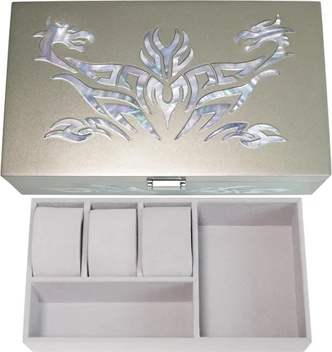 MADDesign Mother of Pearl Caja de reloj, organizador de joyas, almacenamiento diario, diseño tribal de dragón (plata metálica)