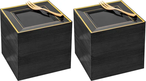 Miniatura 13 de WDF Platos de postre de plástico plateado con tenedores de plástico, 100 platos cuadrados desechables para aperitivos, platos pequeños con borde