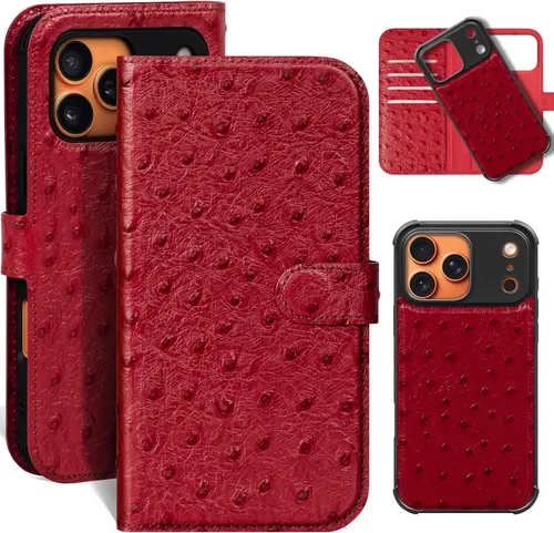 Miniatura 39 de Funda de cuero compatible con iPhone 16 Pro Max Cartera 6.9", cuero genuino 2 en 1, magnética, desmontable, a prueba de golpes, funda tipo folio