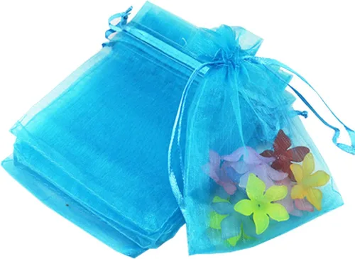 Paquete de 50 bolsas de regalo de 4 x 6 pulgadas, color azul aguamarina, tela transparente de organza, bolsas de malla transparente con cordón para
