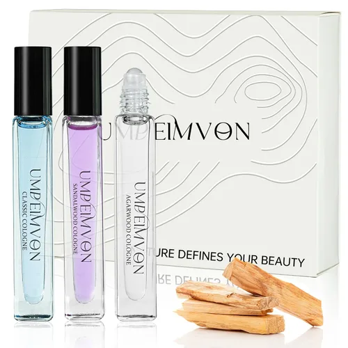 Paquete de 3 Colonias Unisex para Hombres y Mujeres Aceite de Perfume Roll On, Clásico, Sándalo, Madera de Agar, Tamaño de Viaje 0.33 fl.oz