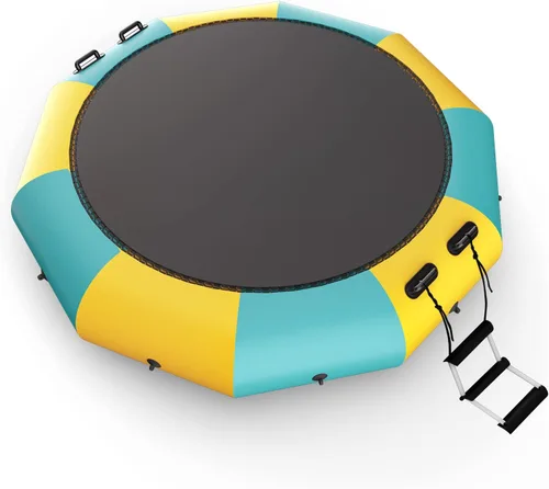 Miniatura 10 de Giantex Trampolín acuático inflable de 10 pies, 12 pies y 15 pies, trampolín flotante con soplador de 500 W y escalera de cuerda de 3 escalones