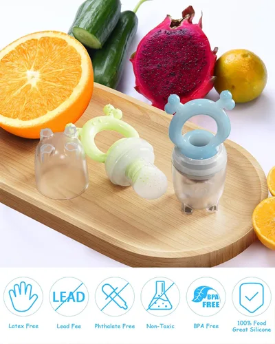 Miniatura 6 de Alimentador de frutas de silicona para bebés, paquete de 2 mordedores de malla para bebés, moldes de paletas de leche materna para aliviar