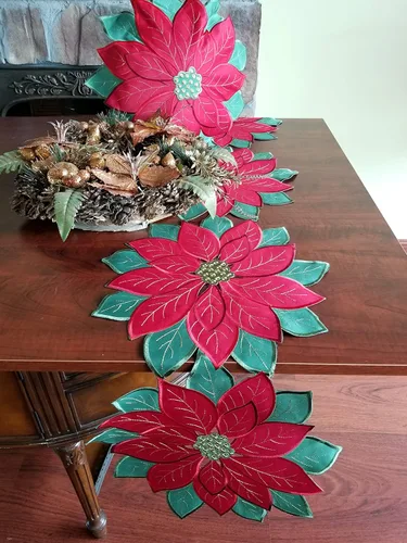 Miniatura 4 de Camino de mesa de flores de Pascua bordadas de Navidad rojo y verde para decoración de mesa de Navidad en el hogar, cena, Navidad, 14 x 36 pulgadas