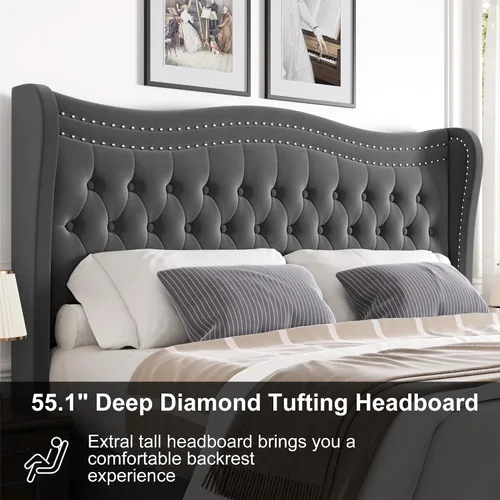 Miniatura 5 de Estructura de cama Full con cabecera y pie de cama altos, estructura de cama plataforma tapizada en terciopelo con respaldo tipo alas acolchado