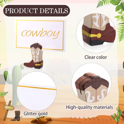 Miniatura 3 de Kigley 18 piezas de mini botas de vaquero adornos de madera, tarjetero y 25 piezas de papel de aluminio dorado blanco soporte para números