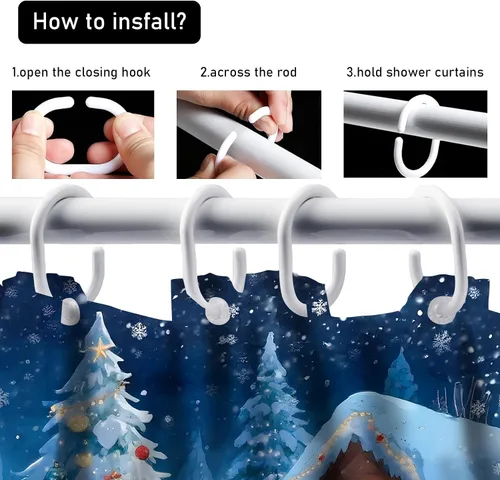 Miniatura 6 de AZHM Juego de cortinas de ducha de Navidad con alfombras, cabaña nocturna nevada y árbol de Navidad, conjuntos de baño 4PCS, decoración de Papá Noel
