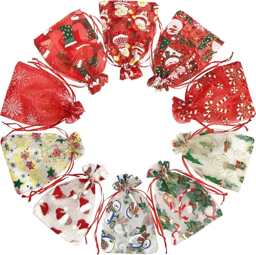 Jexila - 24 bolsas de regalo de organza de Navidad de 4 x 6 pulgadas con cordón, 11 patrones mixtos, pequeñas bolsas de caramelos para fiestas,