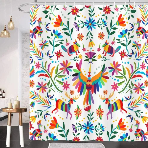 Miniatura 10 de Cortina de ducha con diseño floral de México, para baño, estilo tradicional mexicano Bluebird Otomi, diseño brillante, tela de cachemira, tela