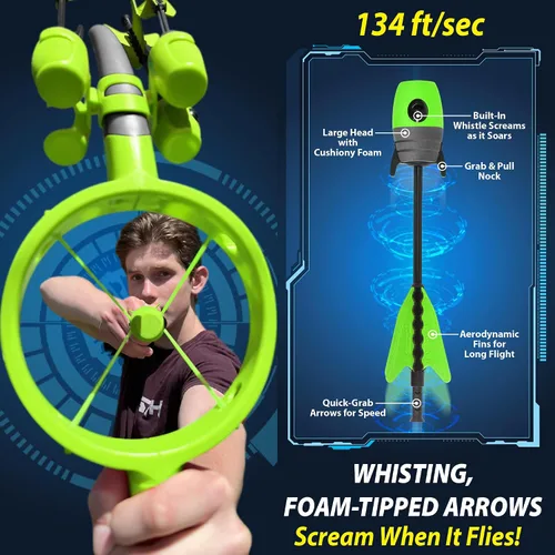 Miniatura 5 de Funwares Arco y flecha patentado para lanzar flechas de más de 200 pies, incluye 4 flechas con punta de espuma silbante, carcaj incluido, increíble