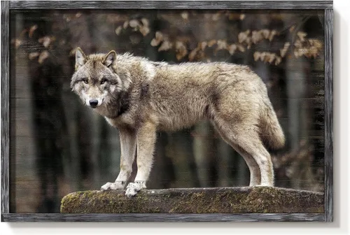 Miniatura 9 de Arte de Pared Enmarcado de Lobo: Pintura Moderna de Animales Salvajes de Madera Rústica Natural Imagen de Vida Silvestre Obra de Arte de Lobo Gris
