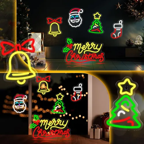 Miniatura 7 de 5 letreros de neón de Navidad con texto en inglés "Merry Christmas", campanas de Papá Noel, árbol de Navidad, luces LED, luces de neón de invierno