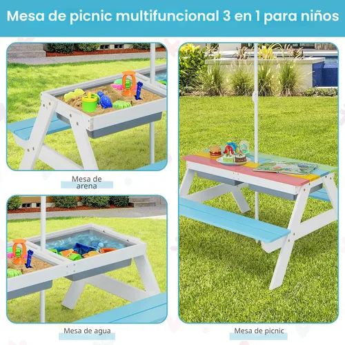 Miniatura 4 de HONEY JOY Mesa de picnic para niños, mesa de madera de cedro 4 en 1 para arena y agua con 2 cajas extraíbles y paraguas, mesas de picnic para niños