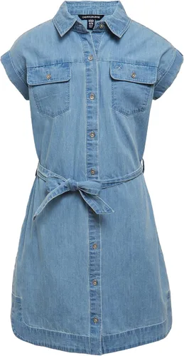 Calvin Klein Vestido camisero de manga corta para niña, colores cambray y mezclilla oscura