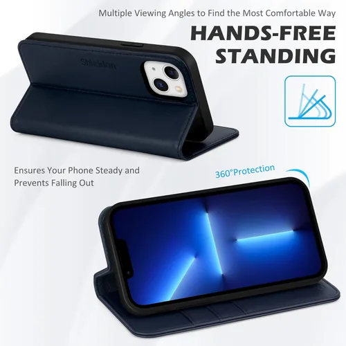 Miniatura 5 de SHIELDON Funda tipo cartera folio para iPhone 13 de 6.1 pulgadas, de piel auténtica, con función atril, bloqueo RFID, tarjetero magnético, Azul