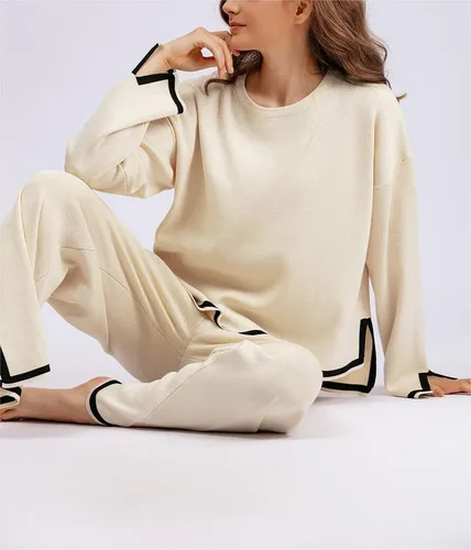 Miniatura 4 de Conjunto de 2 piezas de suéter para mujer, conjunto de punto de manga larga, sin botones, pantalones de pierna ancha