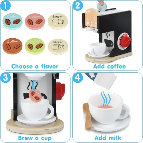 Miniatura 4 de Accesorios de cocina de juguete para niños, cafetera de madera, máquina de café expreso, juego de cocina para niños pequeños para niñas y niños