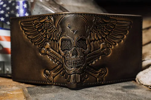 Miniatura 2 de HoJ Co. Skull - Cartera plegable Calavera alada con gráfico de huesos cruzados Cuero de grano completo con acabado pulido a mano Cartera delgada