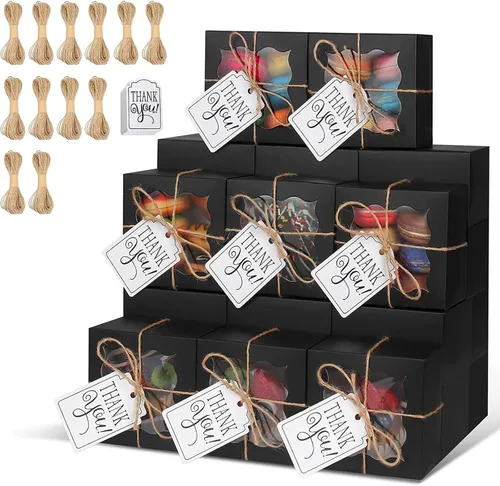 Miniatura 18 de KPOSIYA 60 cajas de panadería negras con ventana, cajas individuales de 4 x 4 x 2.5 pulgadas, caja de regalo de papel kraft negro para pasteles