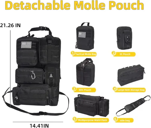 Miniatura 2 de Organizador táctico para respaldo de asiento de automóvil, organizador táctico Molle para respaldo de asiento con 6 bolsas Molle desmontables