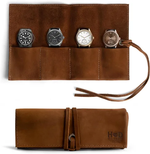 Miniatura 20 de Hide & Drink, Organizador de rollos de reloj de cuero hecho a mano de cuero de grano completo, con capacidad para hasta 4 relojes, fácil de llevar