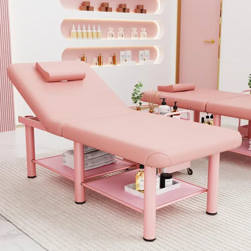 Miniatura 6 de pouseayar Mesa de masaje estacionaria rosa cama plegable con respaldo y espacio de almacenamiento para mesa de tratamiento, mesa de terapia física