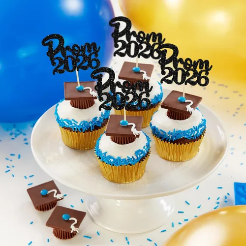 Miniatura 7 de Gyufise 24 piezas de decoración para cupcakes con purpurina para graduación 2026, decoración de pasteles para graduación 2026, decoración de Negro