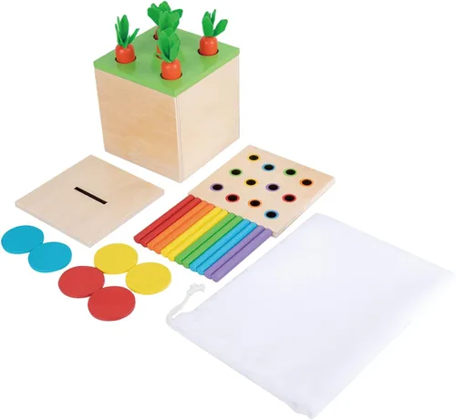 Adena Montessori Kit de juego de madera Montessori 3 en 1 para bebé, incluye juego de gotas de color con cerillas, juego de cosecha de zanahorias y