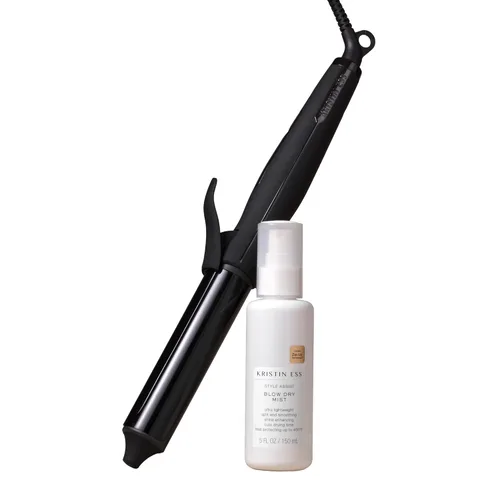 Kristin Ess Hair NANOBLACK - Rizador automático de cerámica de 11/4 pulgadas + spray protector de calor para secado por soplado y secado con estilo