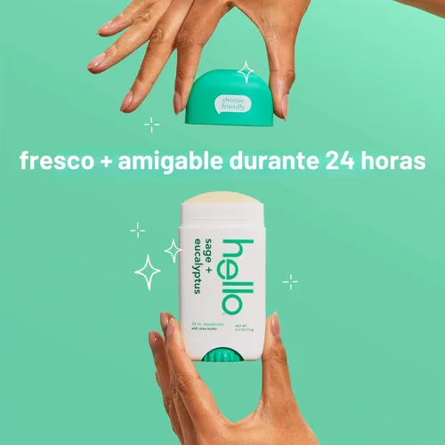 Miniatura 4 de hello Desodorante sin aluminio de salvia y eucalipto para mujeres y hombres con manteca de karité, frescura 24 horas, desodorante sin bicarbonato
