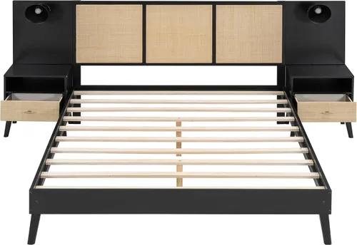 Miniatura 5 de Harper & Bright Designs Cama de plataforma tamaño Queen con 2 mesitas de noche y 2 lámparas, cama Queen de madera con cabecero, combinación de ratán