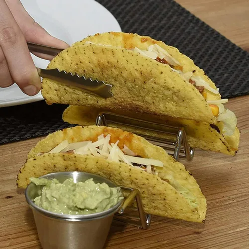 Miniatura 5 de TOPINCN Soporte para tacos de acero inoxidable, 3 rejillas en forma de V, bandeja para tacos con taza de salsa, bandeja de metal para servir maíz
