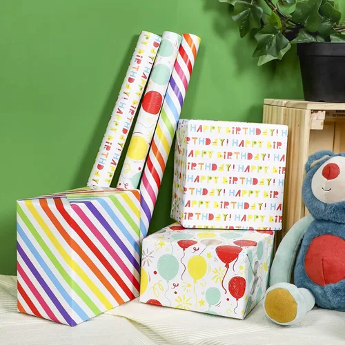 Miniatura 4 de MAYPLUSS rollo de papel de regalo para cumpleaños - mini rollo - 17 pulgadas x 120 pulgadas por rollo - tiras de globo rojo, letras de feliz Feliz