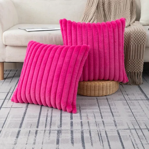 Miniatura 9 de ZLINA Juego de 2 fundas de almohada decorativas de piel sintética color albaricoque, fundas de cojín esponjosas a rayas, 16 x 16 pulgadas