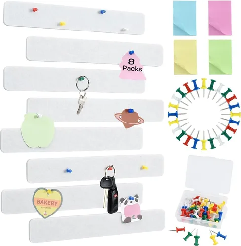 Miniatura 31 de Vuzvuv 8 tiras para tablón de anuncios con 50 chinchetas y 10 clips de madera, tablero de corcho autoadhesivo para pared, tablero de fieltro