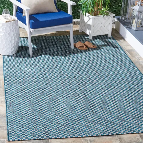 Miniatura 10 de SAFAVIEH Alfombra lavable al aire libre Courtyard Collection - 6'7" x 9'6", azul claro y gris claro, no desprende pelusa y fácil limpieza, ideal
