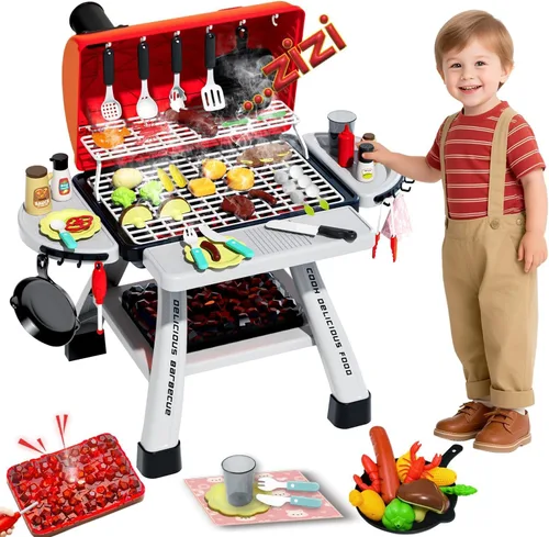 Juego de Parrilla de Barbacoa para Niños, Juguetes de Cocina con Simulación de Luz y Sonido de Humo, Juego de Comida de Simulación para Niños