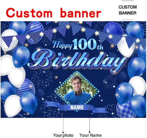 Miniatura 2 de Dicodes Fondo de decoración de feliz cumpleaños número 100 color azul marino personalizado, cartel con purpurina, pancarta, suministros