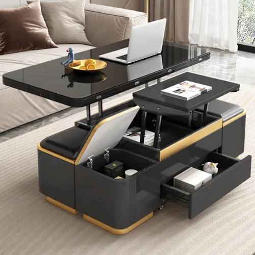 Miniatura 3 de Guyii Mesa de centro elevable con taburetes de almacenamiento, mesa central multifuncional negra con cajones, moderna mesa de comedor extensible