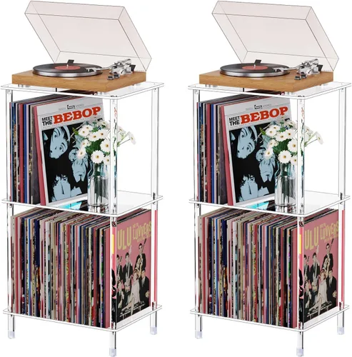 Miniatura 7 de Soporte acrílico para tocadiscos, mesa giratoria transparente de 3 niveles con almacenamiento de discos de vinilo, 15.75 pulgadas de largo x 11.81