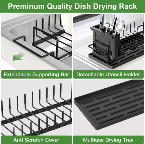 Miniatura 7 de Estante de secado de platos sobre el fregadero, expandible, pequeño, negro, escurridor para secar para la encimera de la cocina, metal de acero
