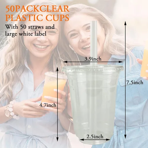 Miniatura 2 de Juego de 50 vasos de plástico transparente con tapas planas, vasos desechables de café helado de 16 onzas con pajitas y calcomanías, vasos