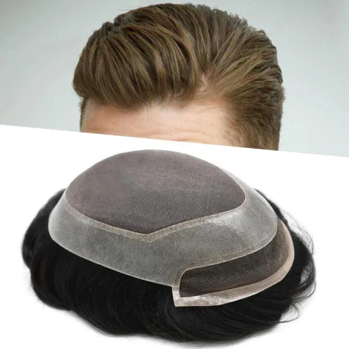 Miniatura 17 de Pieza de pelo de tupé para hombre, cabello humano real, frontal, línea capilar natural, sistema de reemplazo para hombres, unidades de cabello