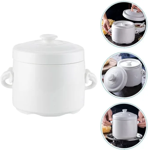 Miniatura 3 de Hemoton Olla de cerámica para estofado de 3.74 x 3.74 x 4.13 pulgadas, pequeña olla blanca con tapa para huevos al vapor, natillas de pájaros, nido