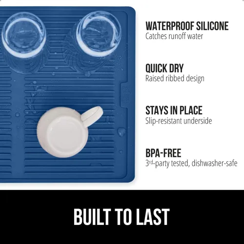 Miniatura 2 de GORILLA GRIP Tapete de secado de platos de silicona patentado 100% sin BPA para encimera de cocina, diseño acanalado para atrapar agua, fácil de Azul